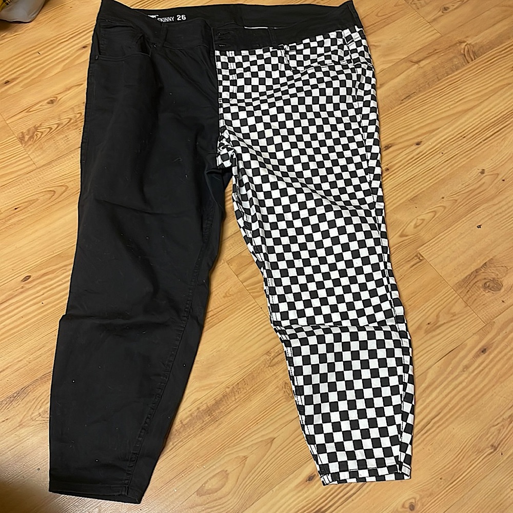 Hot Topic half checkered and half black denim skinny jeans